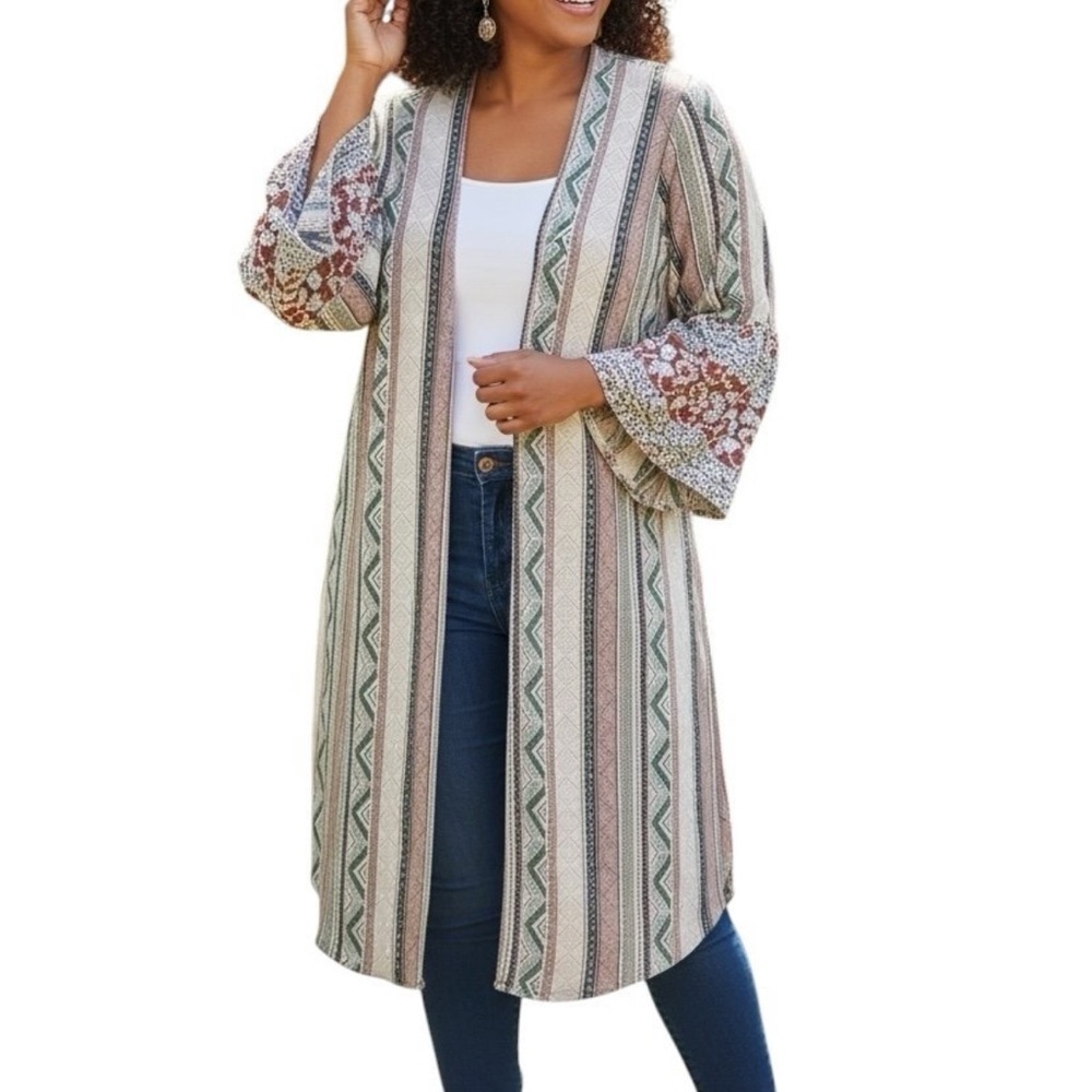 Adora Large Long Cardigan Lightweight Boho Mixed Media Ruffle Sleeves Casual